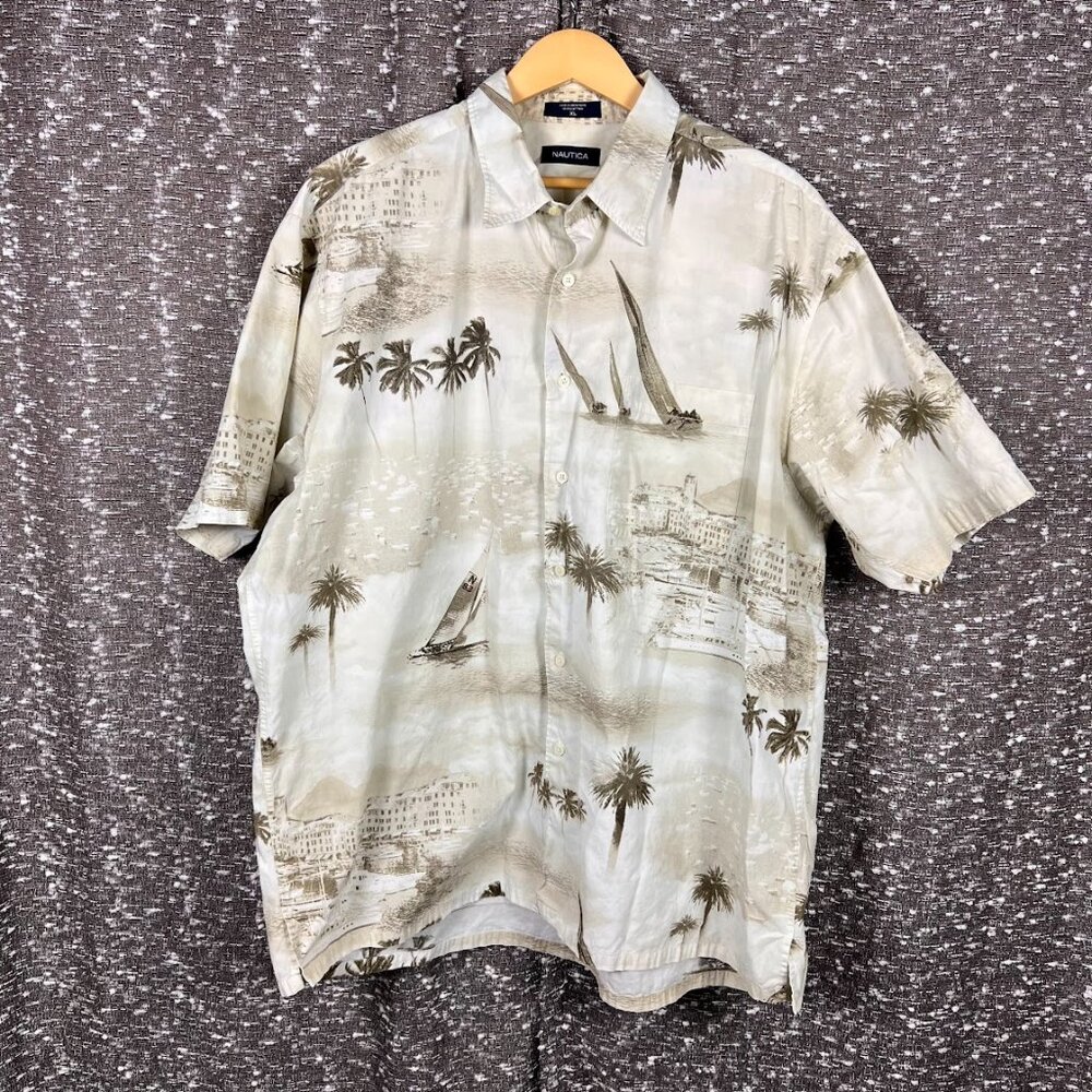 Nautica Cotton Aloha Shirt‎ Short Sleeve Palm Tree/Yacht/Port